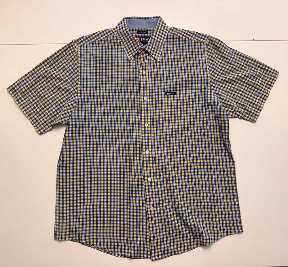Chaps Men's Short Sleeve Button Down Shirt Plaid Yellow Blue Size L/G